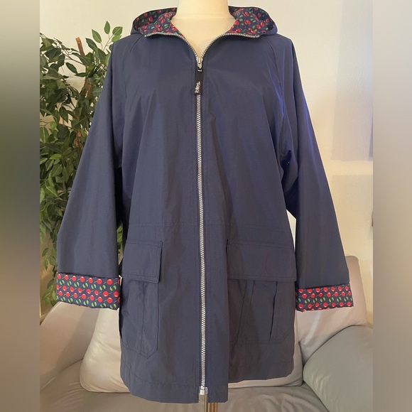 Totes women’s rain coat, size M, navy blue with cherry print - Picture 2 of 8